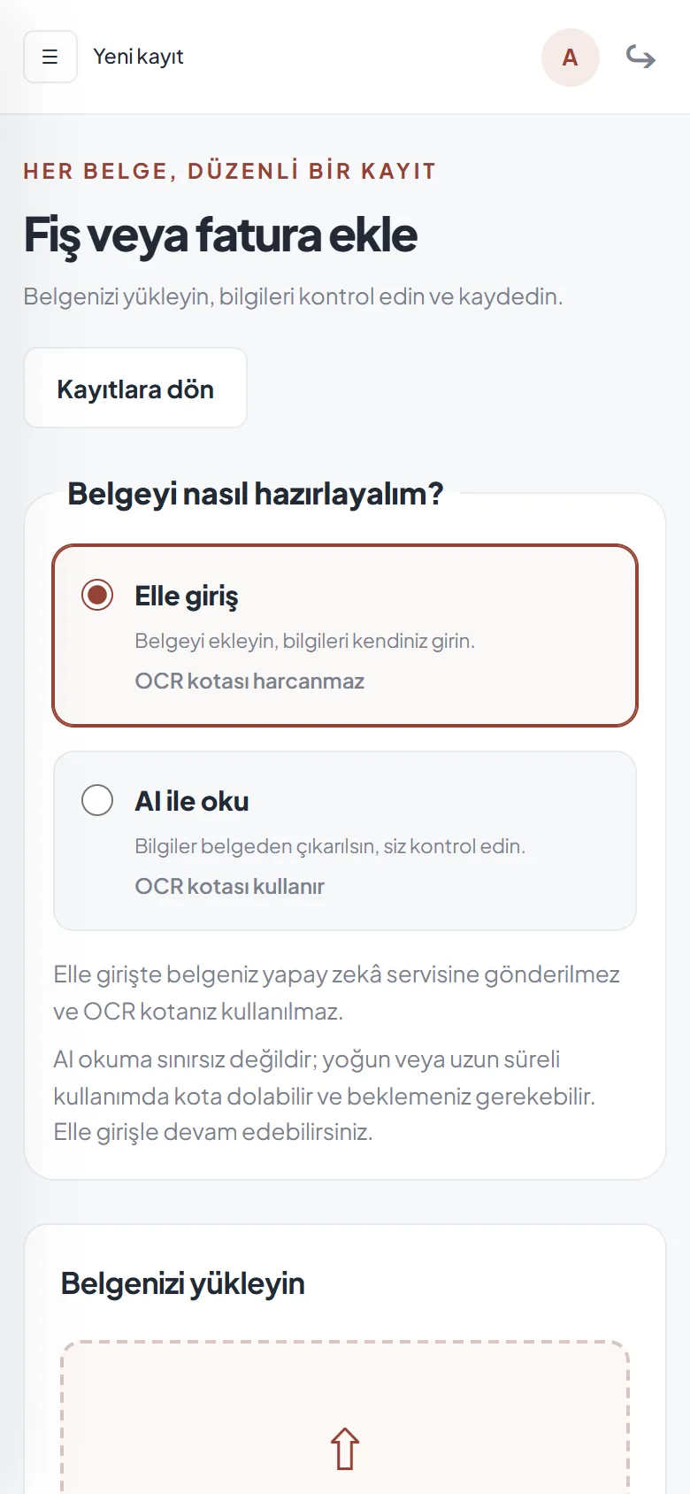 Telefonda fiş veya fatura ekleme ekranı