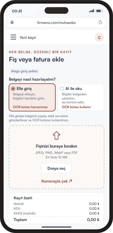Telefon tarayıcısında web paneli: Fiş veya fatura ekle ekranı, Elle giriş ve AI ile oku seçenekleri, dosya bırakma alanı ve Kamerayla çek düğmesi